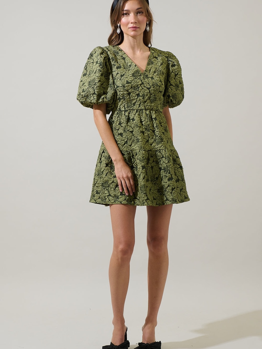 Sugar lips Olive Green Puff-Sleeve Mini Dress size M